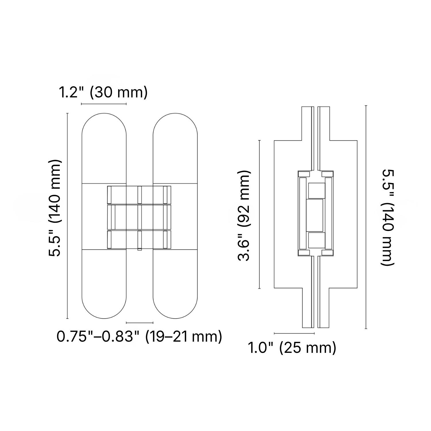 Concealed Solid Brass Recessed Hinge — 5.5" H × 1.2" W